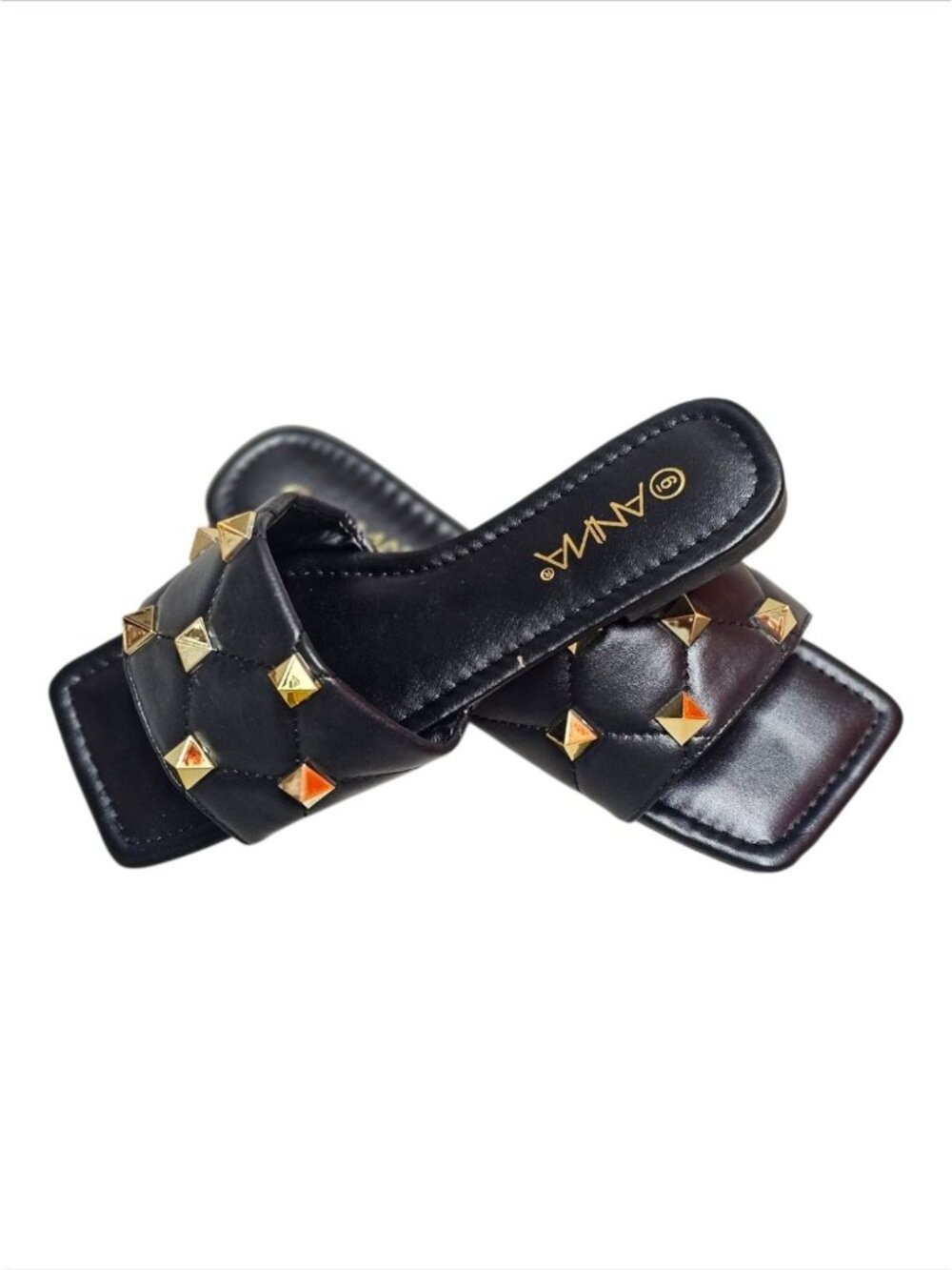 Black Quilted Slides With Gold Studded Detail For Women - Square Toe Slip-On San - Picture 6 of 10